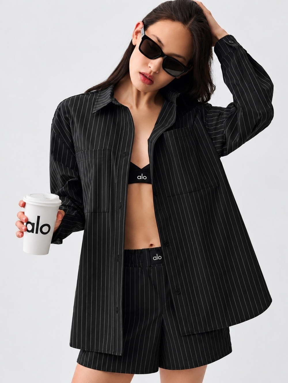 ALO Pinstripe Daylight Button Down Shirt Black Titanium Oversized XS
